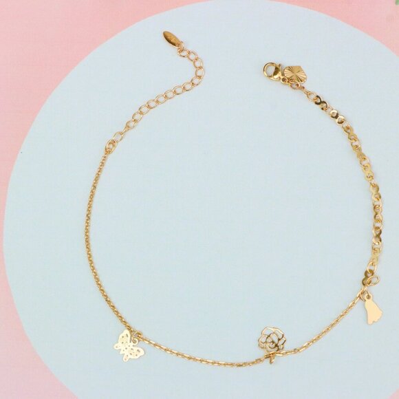 "Rose Gold Butterfly and Floral Charm Anklet, XPAL1053 - Picture 1 of 11
